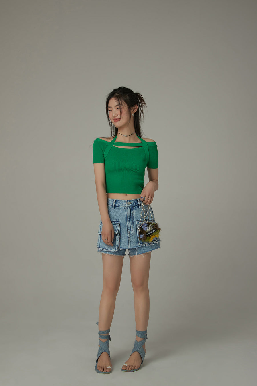 CHUU Halter Neck Banding Basic Short Sleeve Knit Crop Top