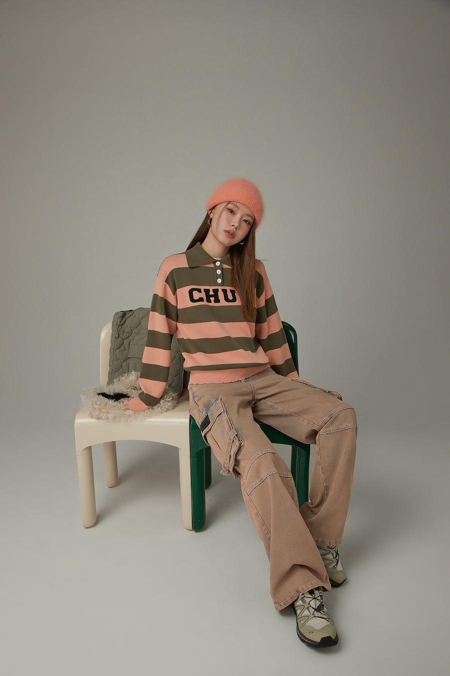 CHUU Polo Neck Striped Knit Top