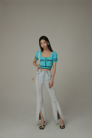 Chuu Baby Square Neck Heart Button Crop Kniit Top