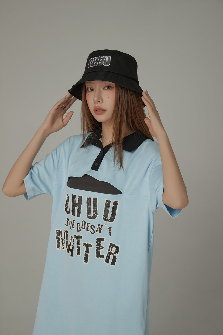 CHUU Chuu Size Doesnt Matter Front Cut Out Polo Neck T-Shirt Dress