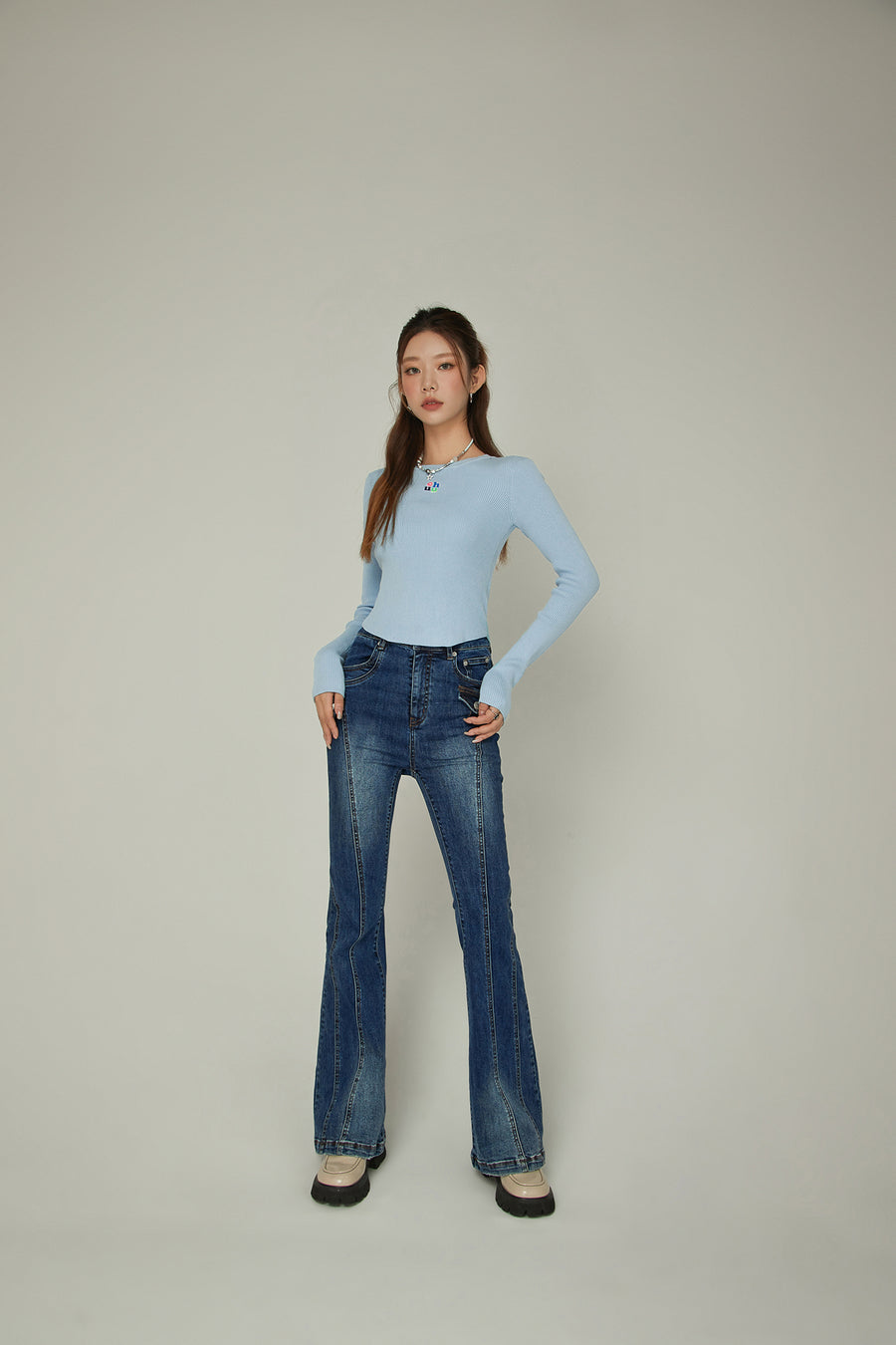 CHUU Washed Lined Stitched Semi Bootcut Denim Jeans