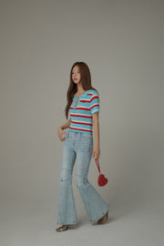 Stripe Ribbon Keyhole Knit Top