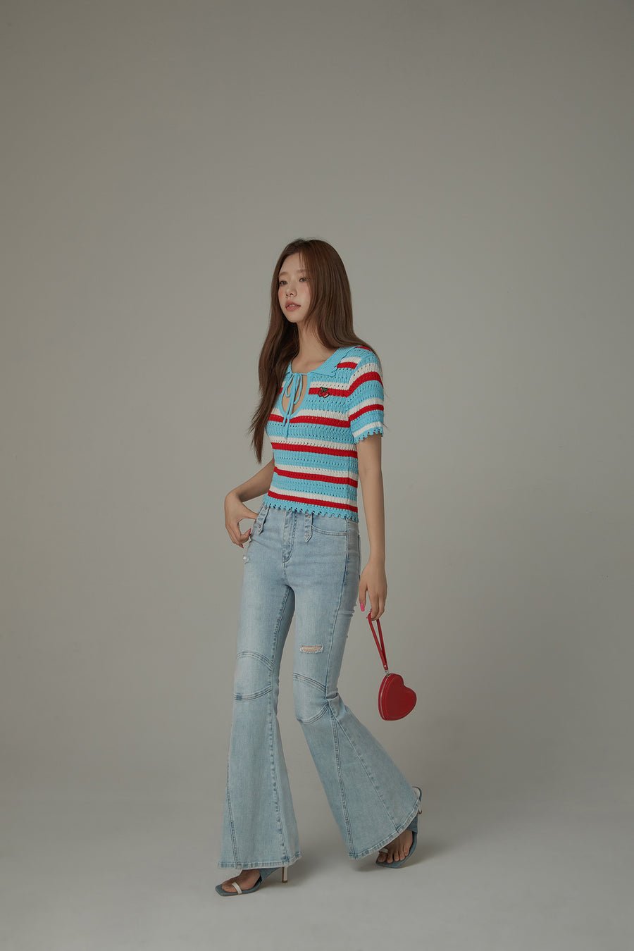 CHUU Stripe Ribbon Keyhole Knit Top