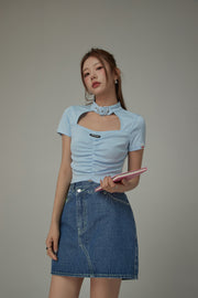 Belted Choker Front Cut Out Shirred T-Shirt