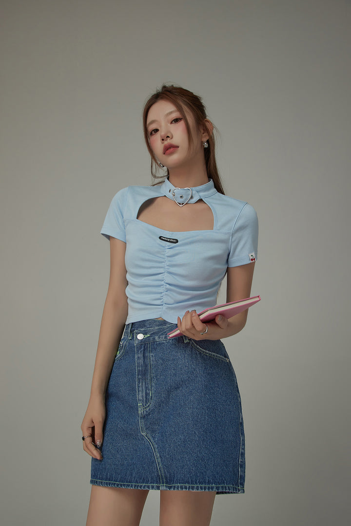 Belted Choker Front Cut Out Shirred T-Shirt