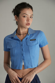 Colored Pocket Cropped Button Shirt