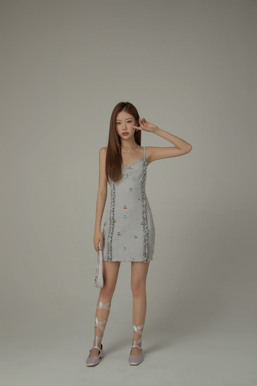 CHUU Cherry Printed Frilly Bustier Sleeveless Strap Mini Dress