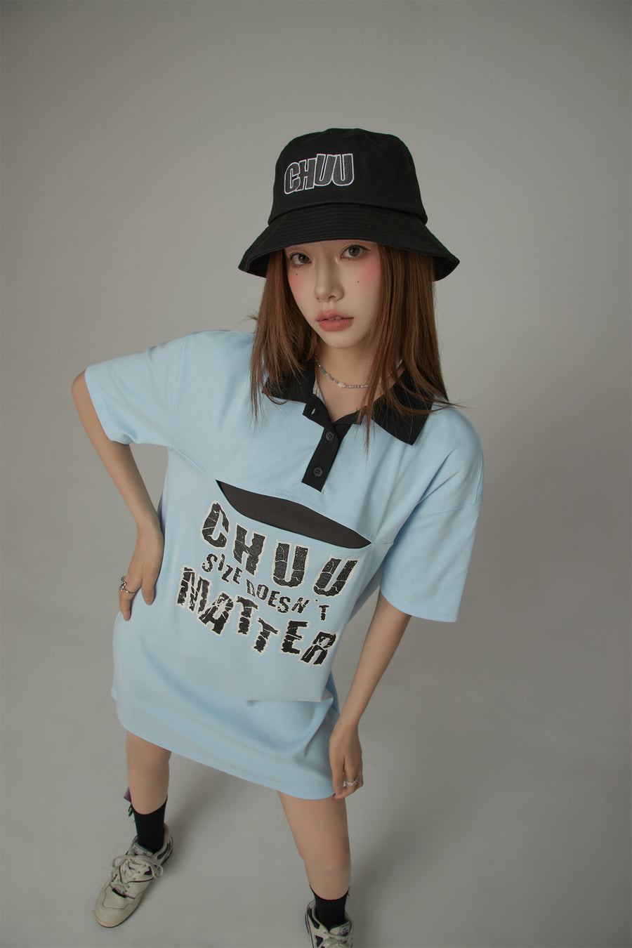 CHUU Chuu Size Doesnt Matter Front Cut Out Polo Neck T-Shirt Dress