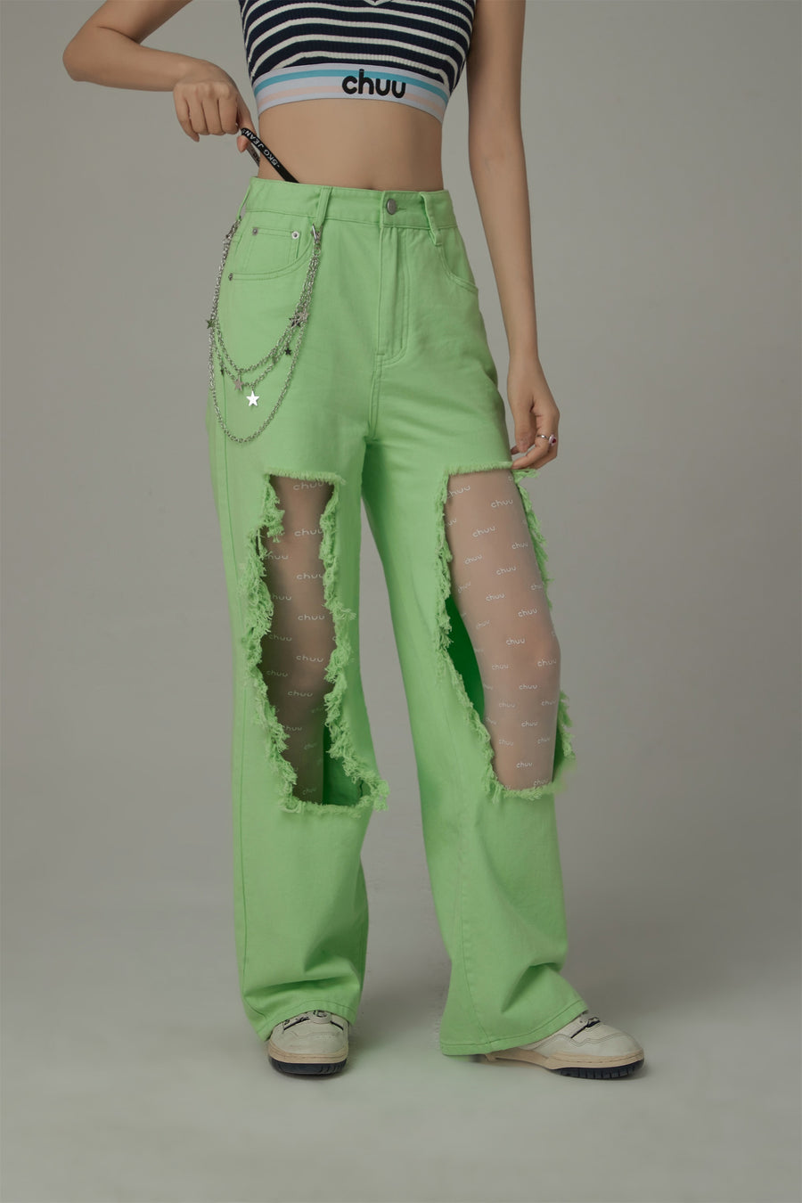 CHUU High Waist Distressed Ripped Open Wide-Leg Pants