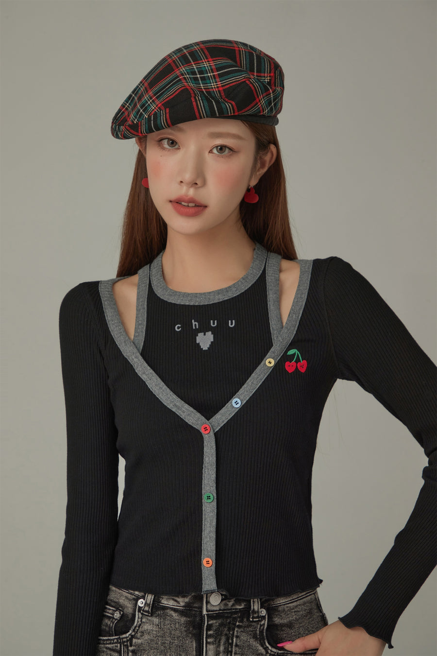 CHUU Rainbow Button Logo Layed Long Sleeve Top