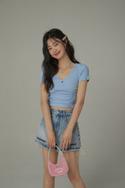 Color V-Neck Heart Keyhole Shirring Crop T-Shirt