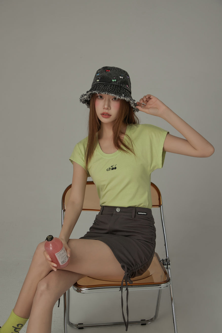 CHUU Cherry Embroidered U Neck Short Sleeve T-Shirt