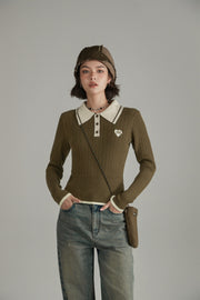 Polo Neck Color Combination Knit Top