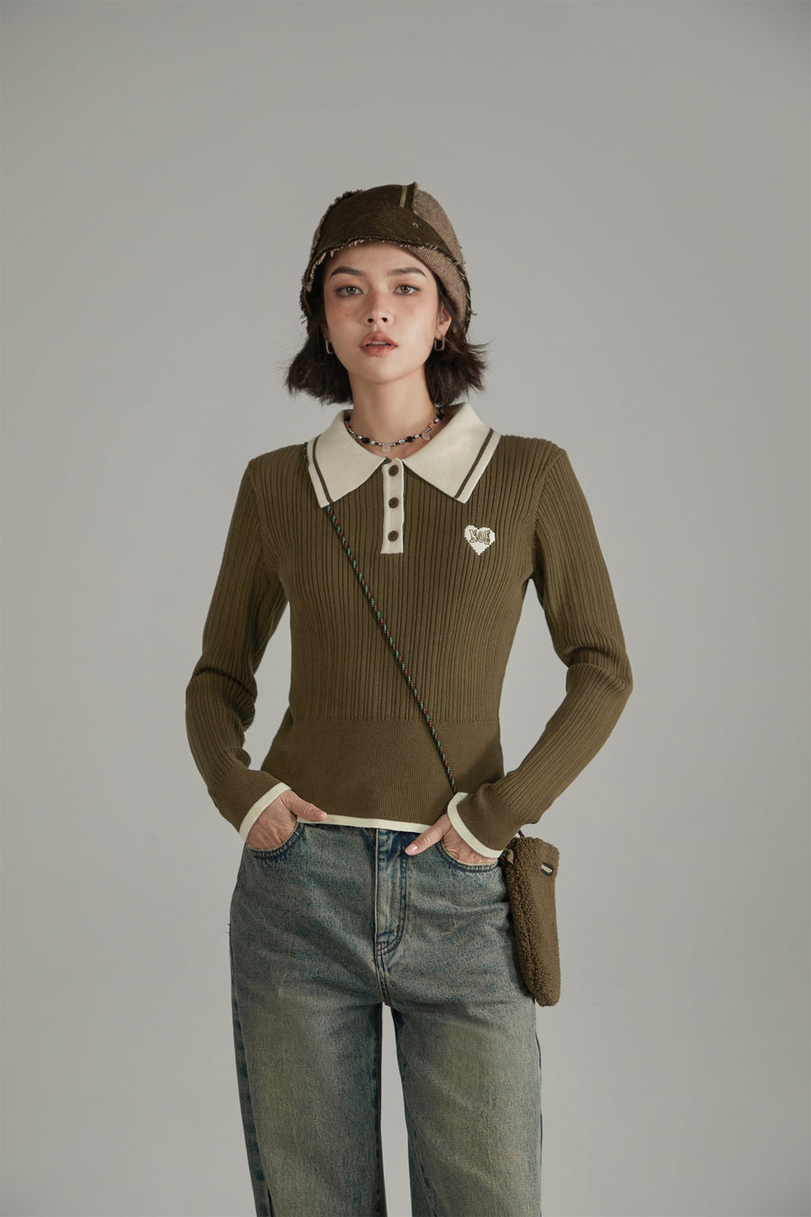 CHUU Polo Neck Color Combination Knit Top