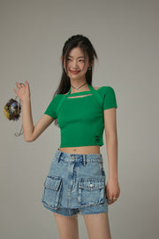 Halter Neck Banding Basic Short Sleeve Knit Crop Top