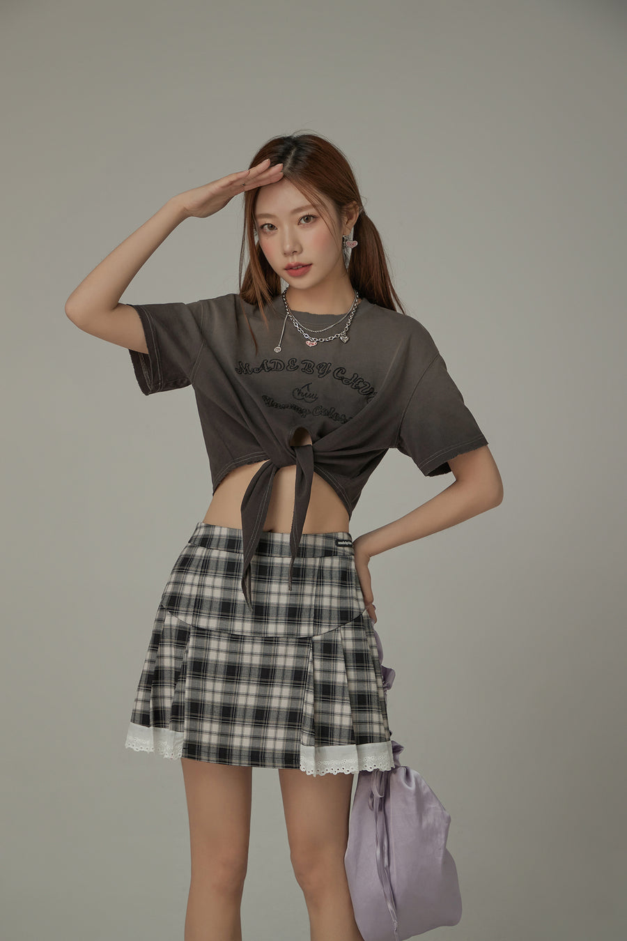 CHUU Gradient Short Sleeve Ribbon Tie Up Crop T-Shirt