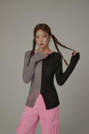 Bicolor Block Long Sleeves Knit Sweater