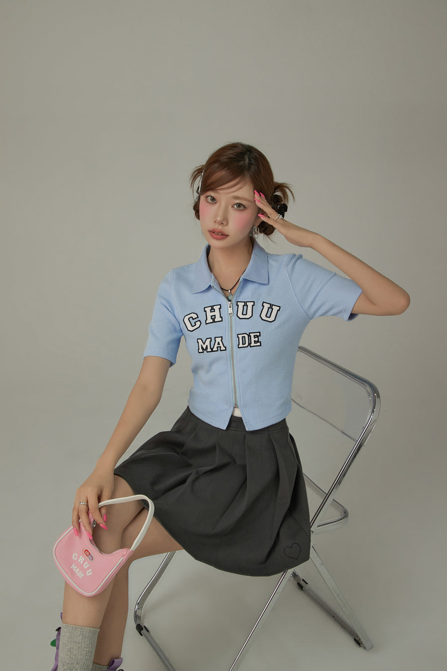 CHUU Logo Color Waffle Short Sleeve Zip-Up Top