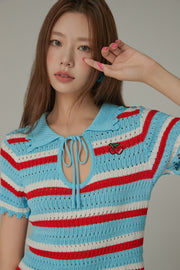 Stripe Ribbon Keyhole Knit Top