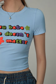 Size Doesnt Matter Colorful Embroidered Slim Crop T-Shirt