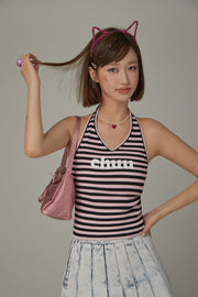 Logo Halter Neck Color Stripe Sleeveless Top