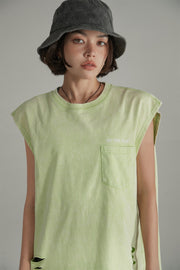 Front Pocket Loosefit Sleeveless Ripped Top