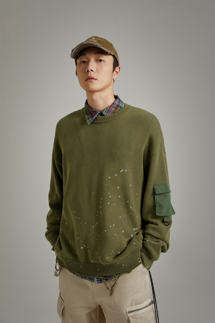 CHUU Pocket Paint Splatter Distressed Loose Fit Knit Sweater