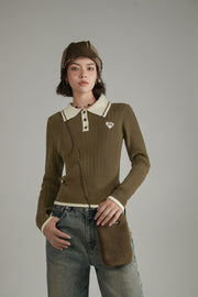 Polo Neck Color Combination Knit Top