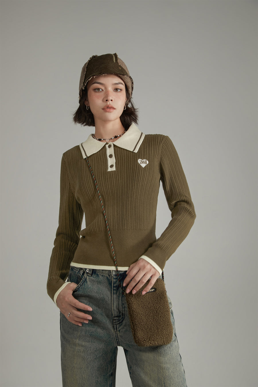 CHUU Polo Neck Color Combination Knit Top