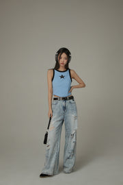 Distressed Straight Wide-Leg Denim Jeans