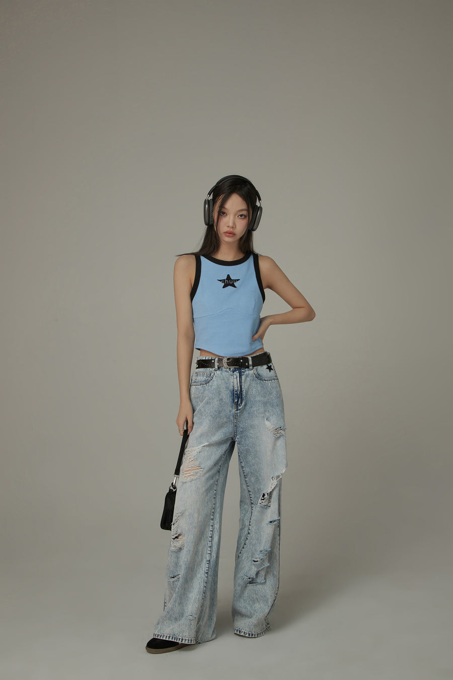 CHUU Distressed Straight Wide-Leg Denim Jeans