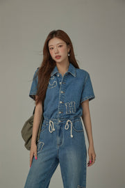 String Embroidered Denim Jumpsuit