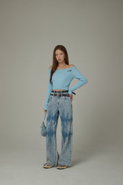 Double Belted Washed Straight Wide Jeans