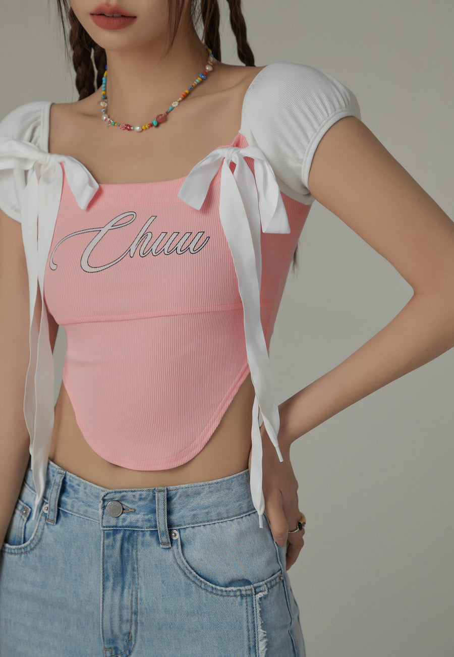 CHUU Unbalanced Chuu Lettering Ribbon Short Sleeve Top