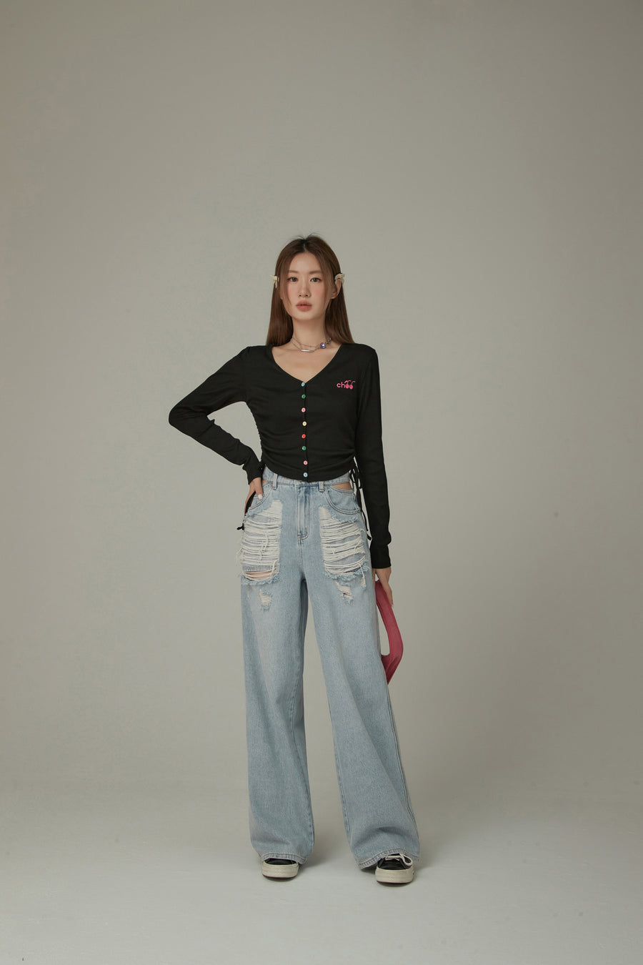 CHUU Side Slit Distressed Ripped Baggy Denim Jeans