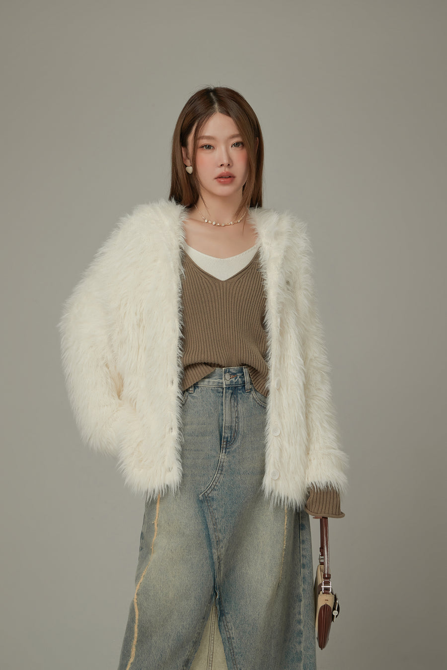 CHUU Embroidered Fuzzy Hooded Cardigan