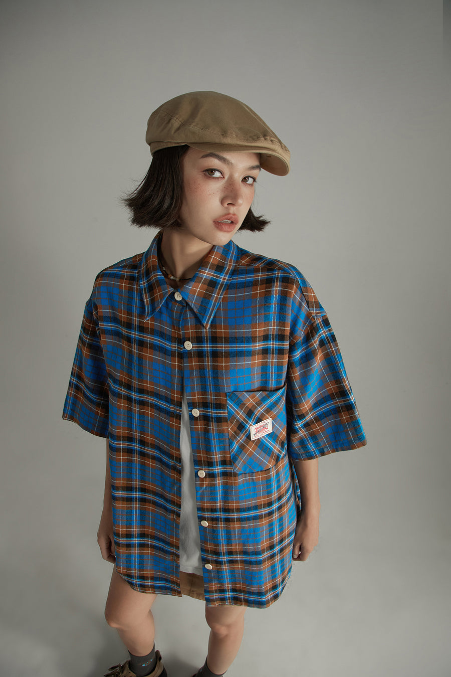 CHUU Check Loose-Fitting Short Sleeve Shirt