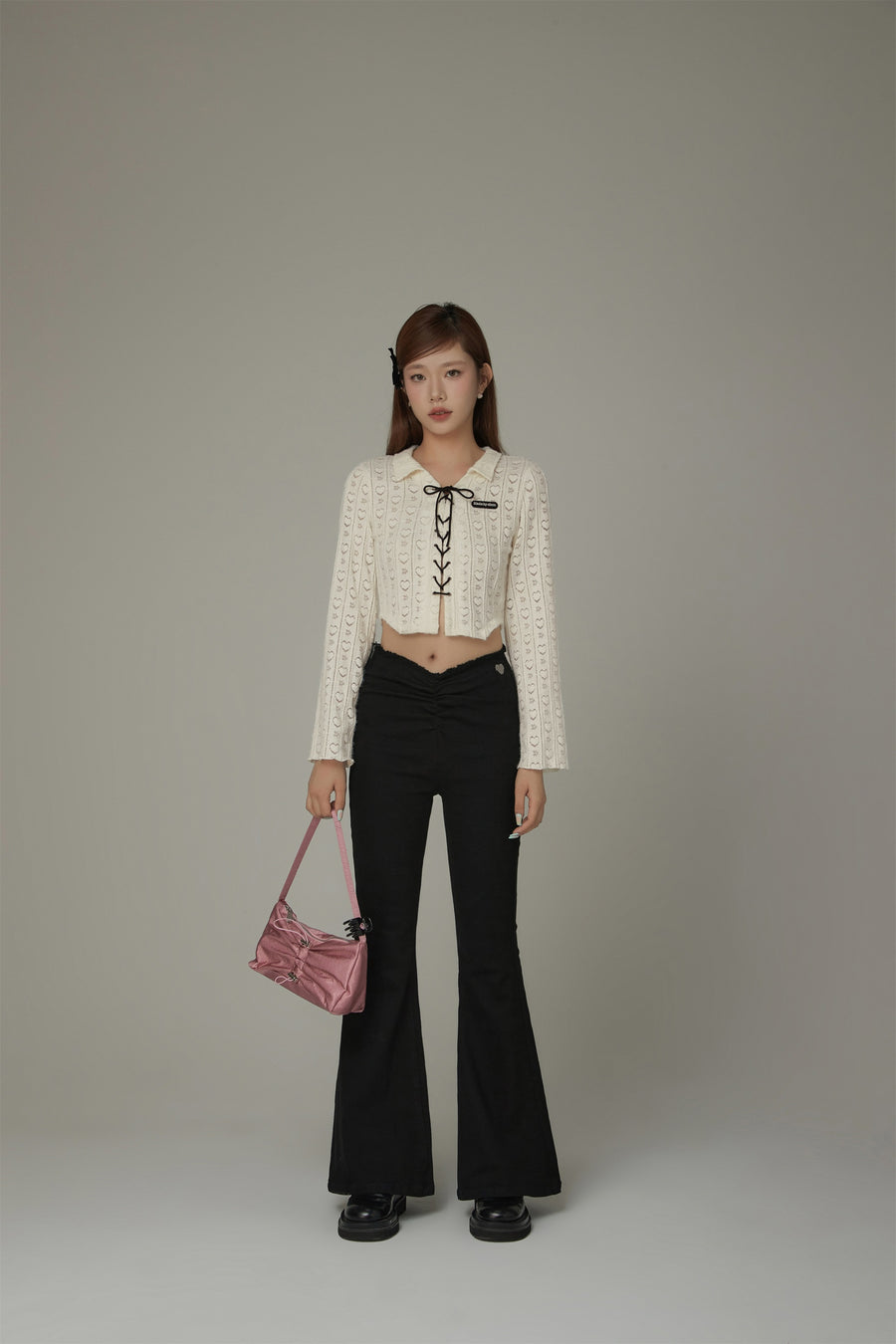 CHUU Heart Pattern Bow Lace Up Crop Blouse