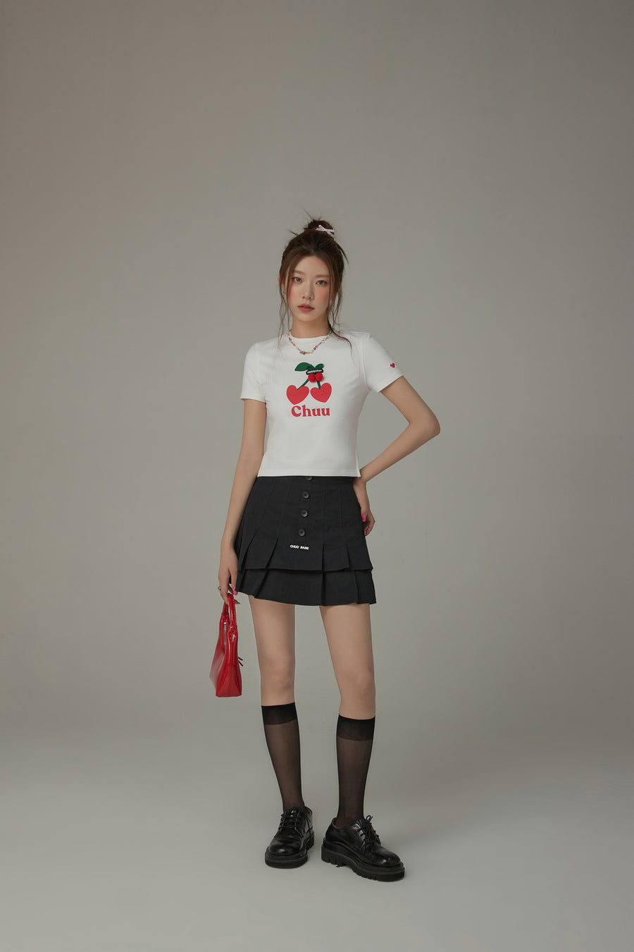 CHUU Logo Heart Cherry Printed Slit Short Sleeve T-Shirt