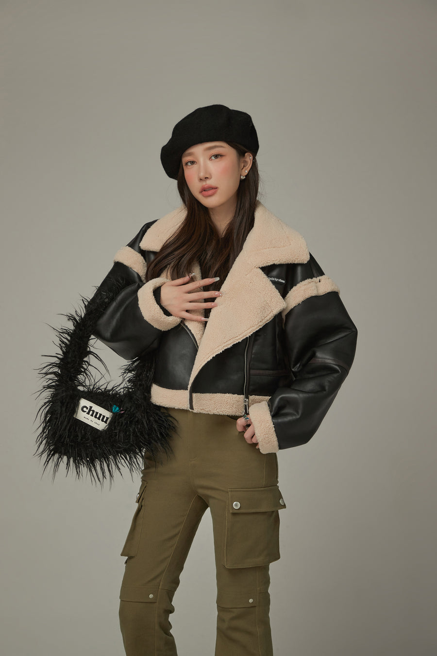 CHUU Collar Leather Crop Jacket