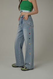 Colorful Heart Embroidered Denim Straight Wide Jeans