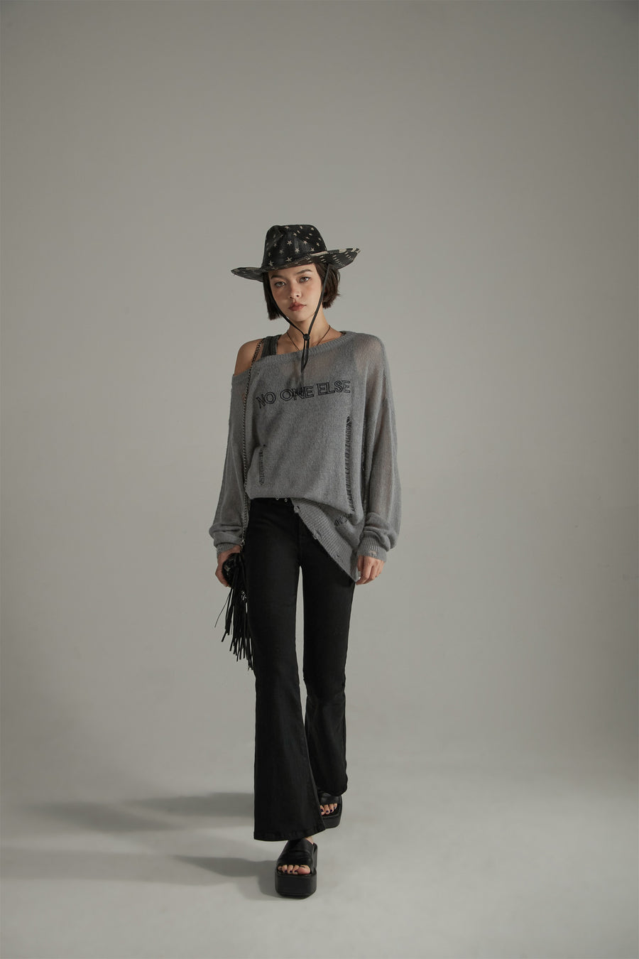 CHUU Distressed Ripped Thin Long Sleeved Knit Sweater