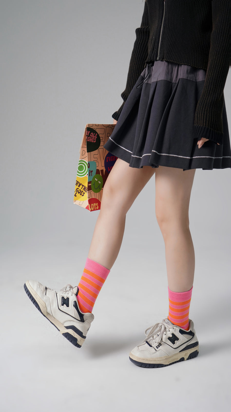 CHUU Striped Knit Logo High Socks