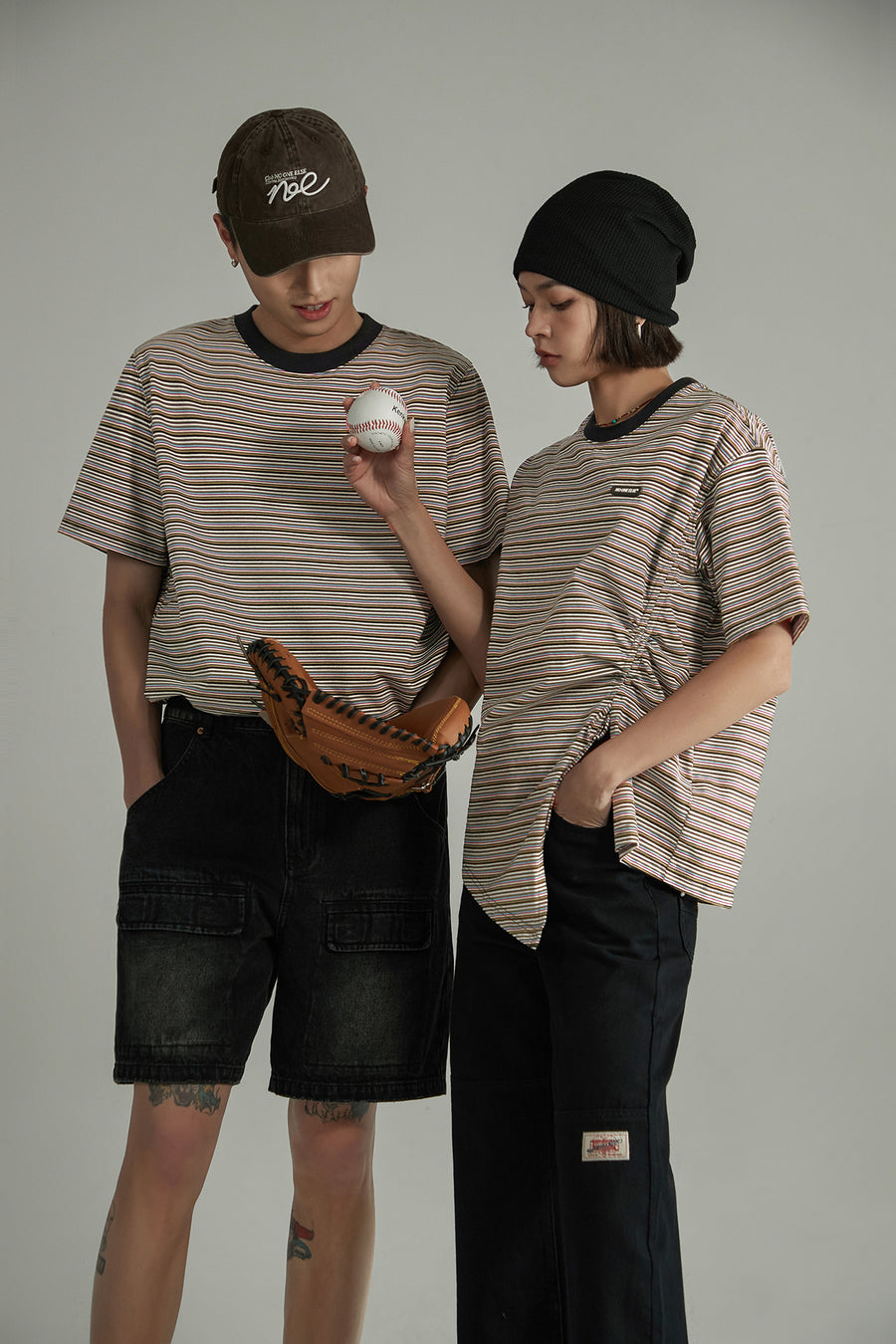 CHUU Striped Slit Shirring String T-Shirt