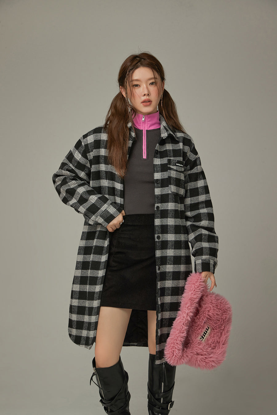 CHUU Check Long Button Coat