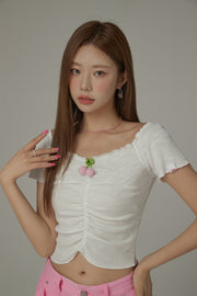 Crochet Cherry Front Shirring Knit Top