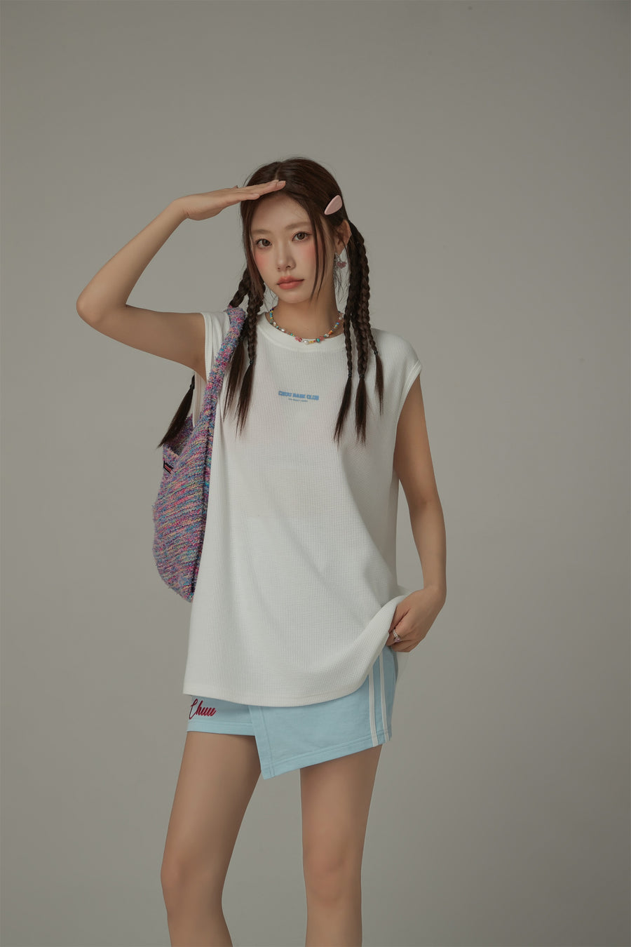 CHUU Simple Waffle Loose Fit Sleeveless Mid Length T-Shirt