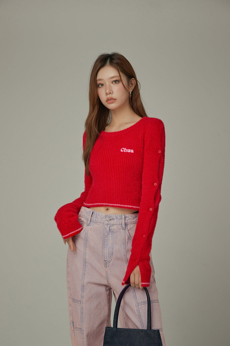 CHUU Slit Sleeves Button Crop Knit Sweater