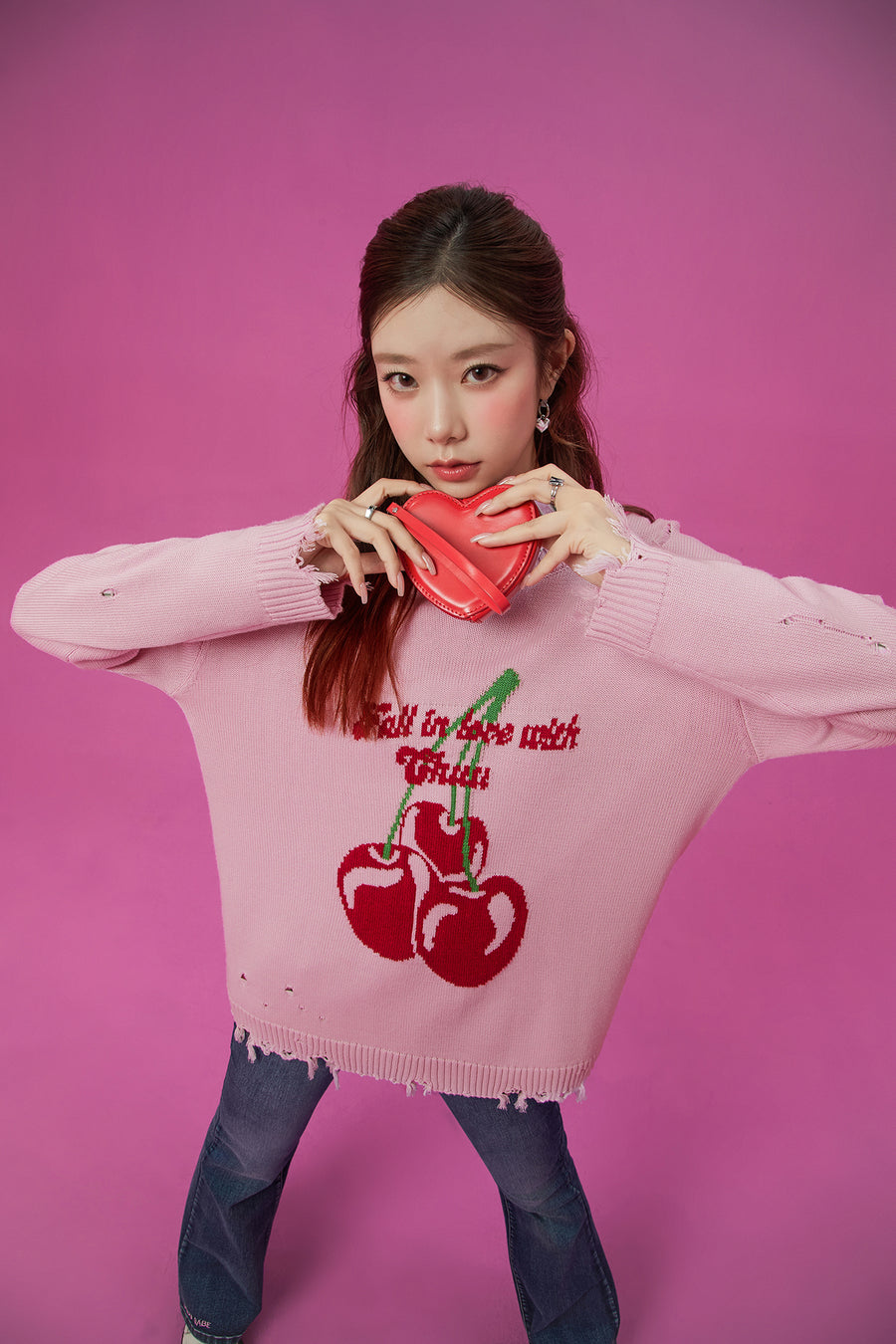 CHUU Distressed Cherry Loose Knit Sweater