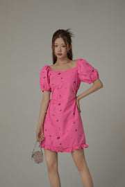 Chuu Symbols Ruffled Side Cutout Puff Short Sleeve Mini Dress